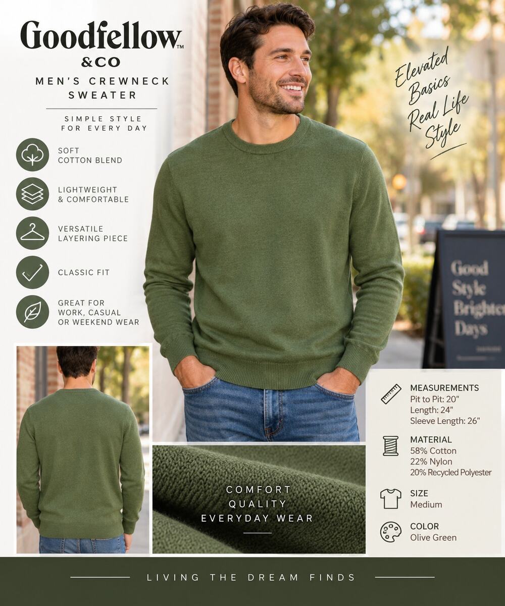 Goodfellow & Co Men’s Medium Green Crewneck Sweater Cotton Blend Long Sleeve